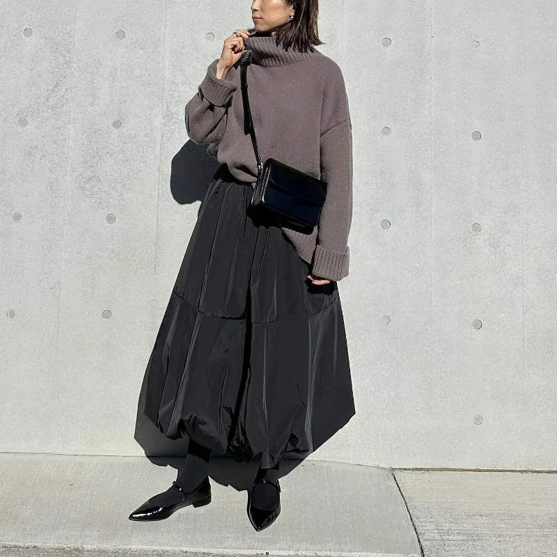 Matakawa lanterna saias femininas sólido estilo japão preto a linha do vintage primavera outono faldas elegante solto de cintura alta saia longa