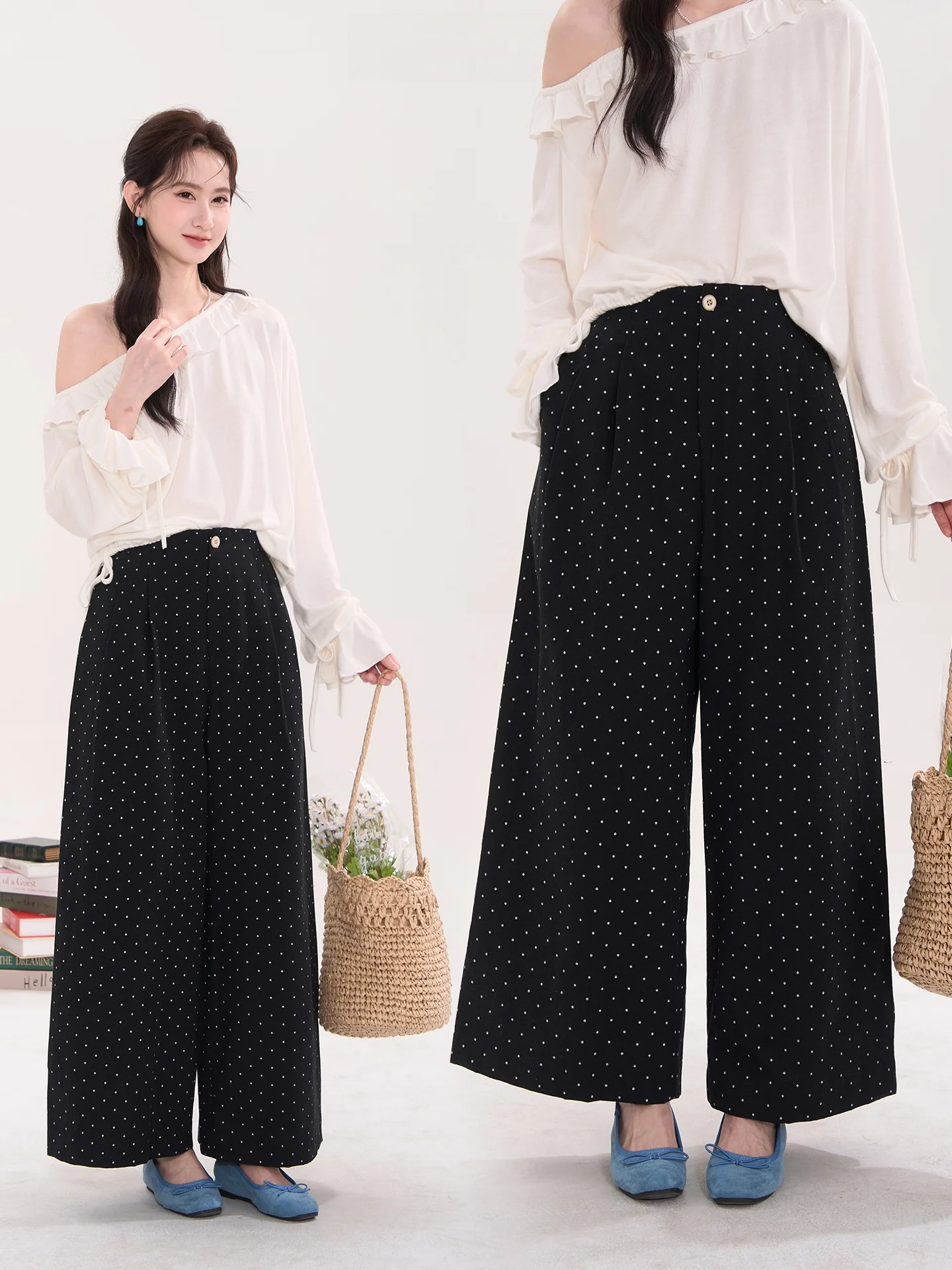 

Женские повседневные брюки с высокой талией и широкими штанинами, весенне-летние, с цветочным и точечным узором, плиссированные, удобные, хлопковые