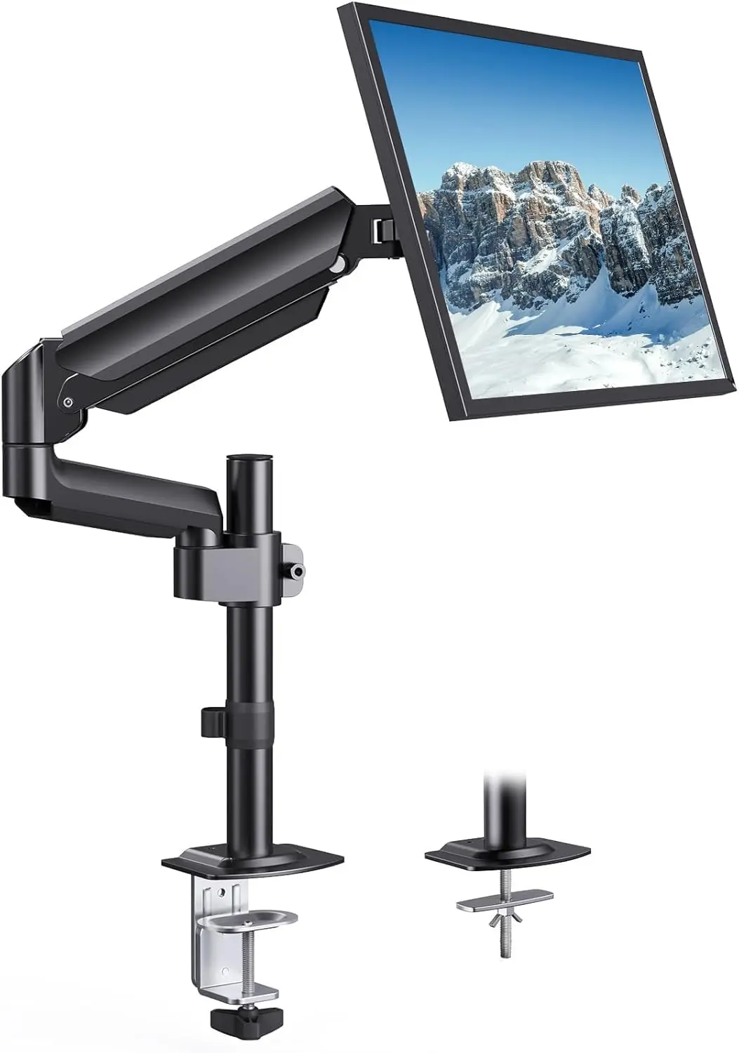 Single Monitor Arm for 13-32 Inch Screens, Adjustable Gas Spring Mount with C-Clamp & Grommet Base, VESA Compatible