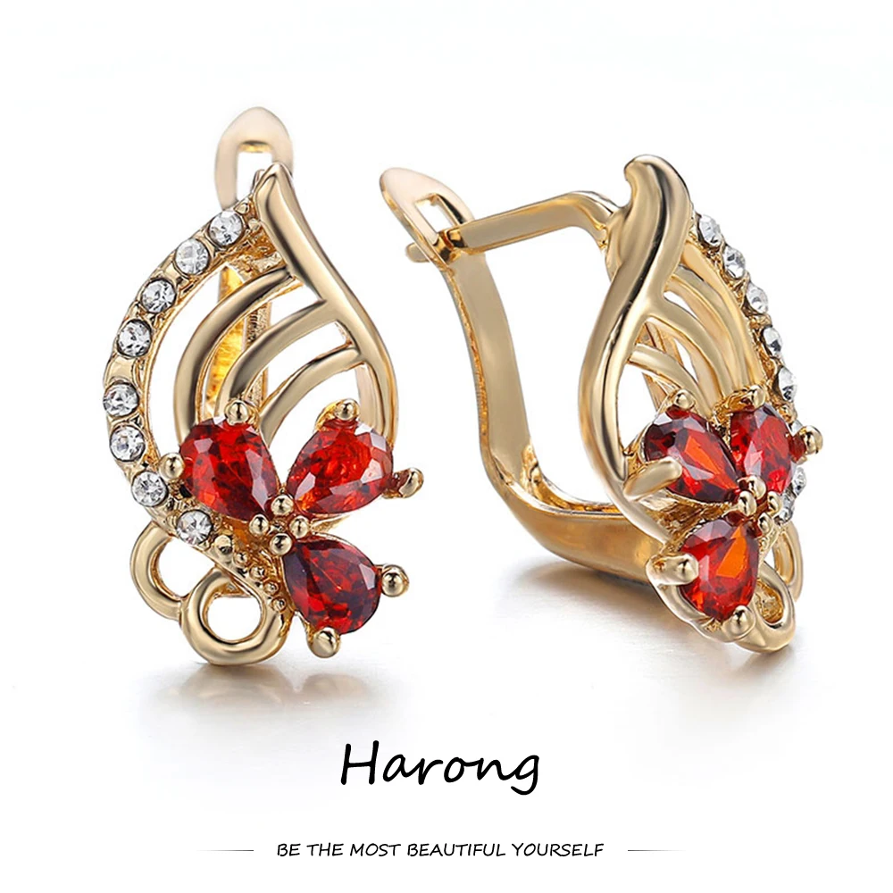 Harong Exquisite Crystal Zircon Stud Earrings Red Rhinestone Quality Aesthetic Earrings for Woman Luxury Jewelry Accessories