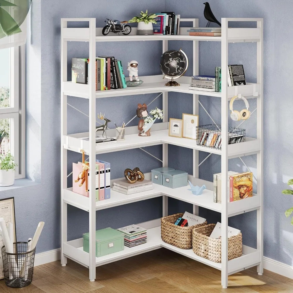 5 Tier with 4 Hooks, Reversible Corner Bookshelf, 65