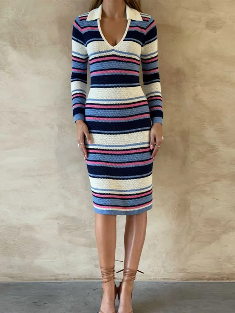 

﻿ V-Neck Stripe Patchwork Knit Dress Women Long Sleeve Lapel Bodycon Mid Dresses 2025 Autumn Lady Sexy Peach Hip Commute Robes