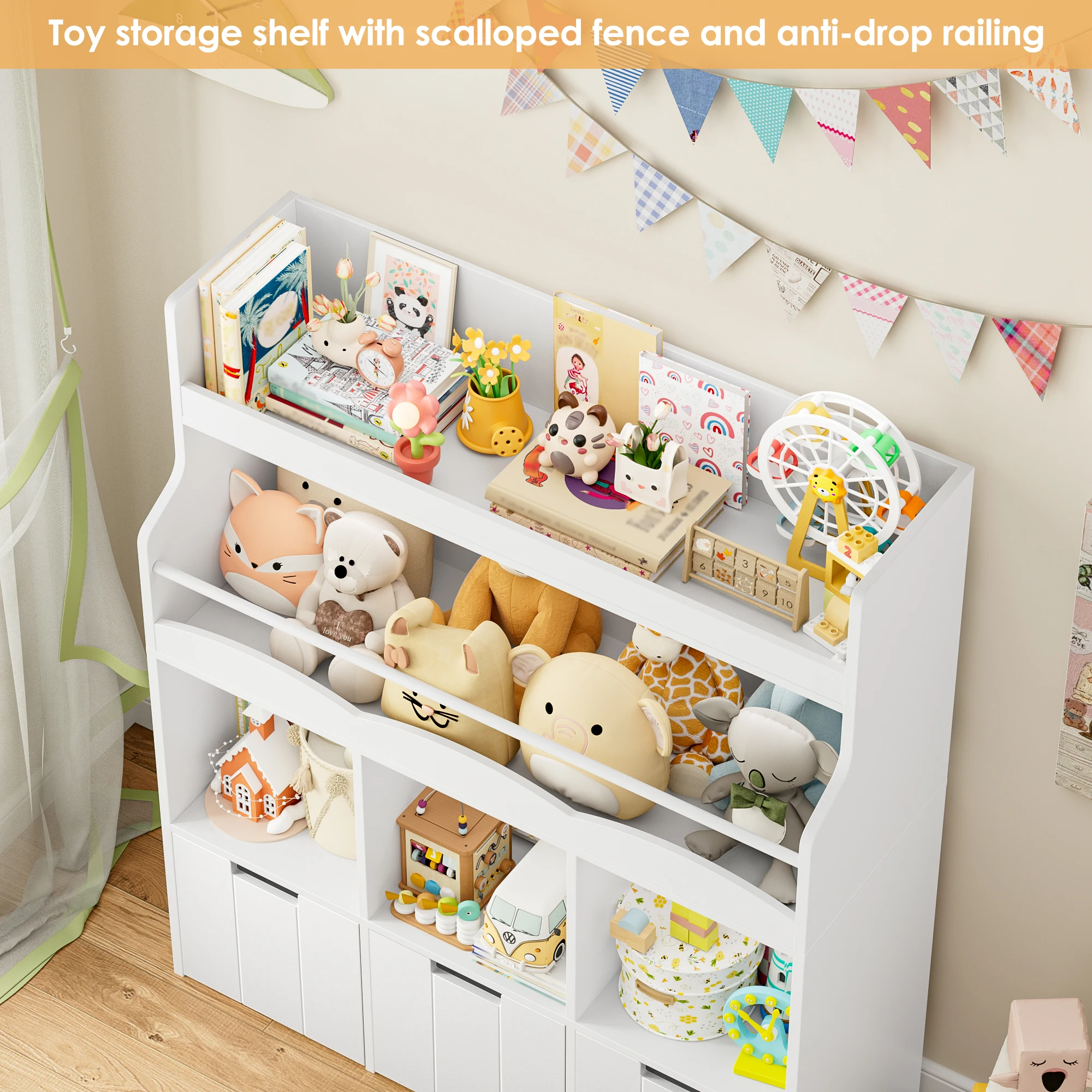 Kids' Bookshelf with Boxes on Wheels, Kids' Bookcase with 4 Storage Bins, Toy Shelf Kids' Room for Bedroom Kindergarten
