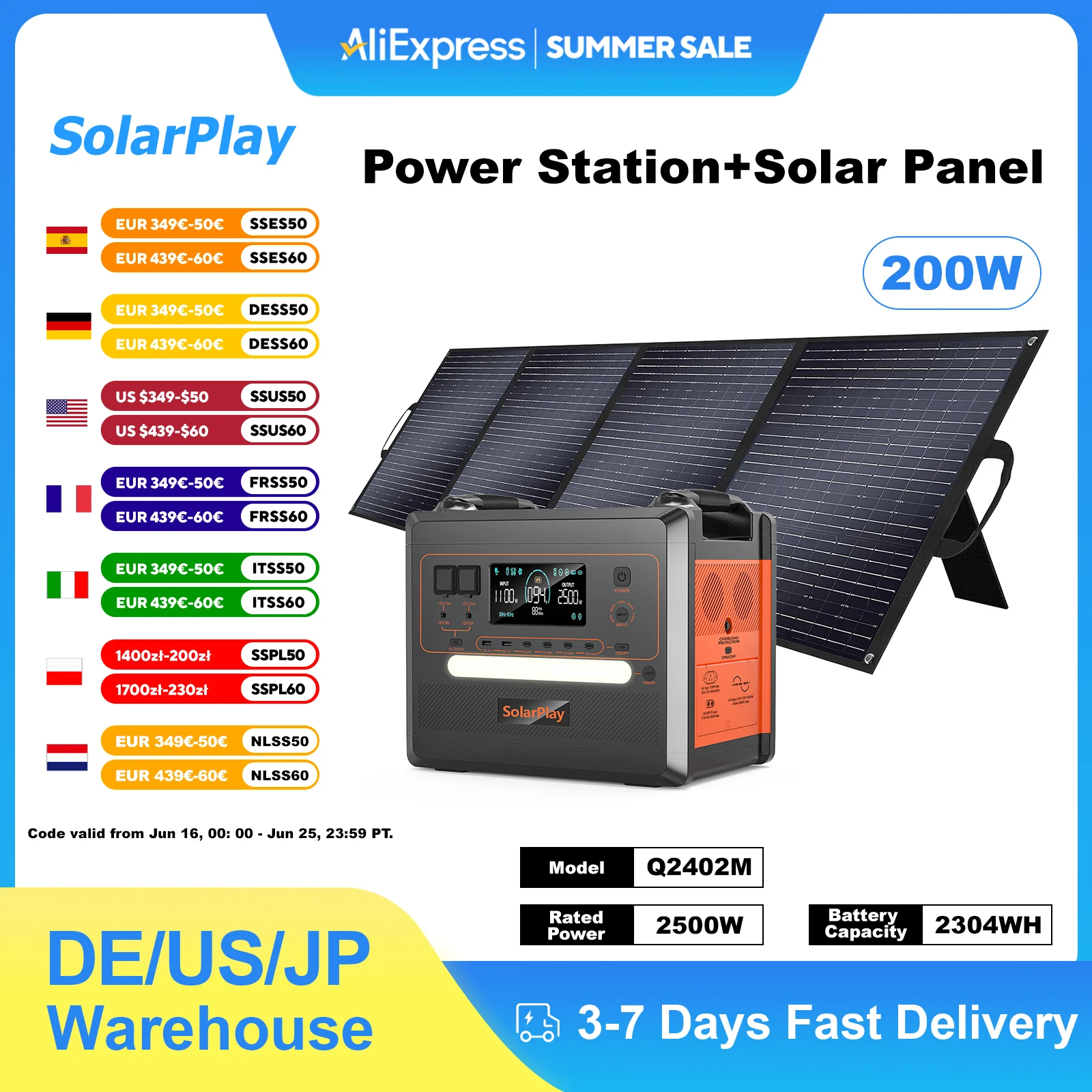 

SOLARPLAY Portable Energy Station Q2402M 2304Wh Power Bank 200W Solar Plate Rechargeable Home Battery for Camping Equipment