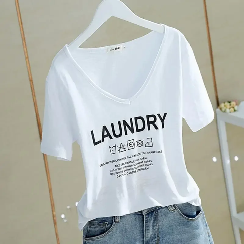 100% Cotton T Shirt Women Fashion Design Letter Printed T-shirt Casual V-neck Short Sleeve Tops Summer Trend Thin Tshirt Y2k Top