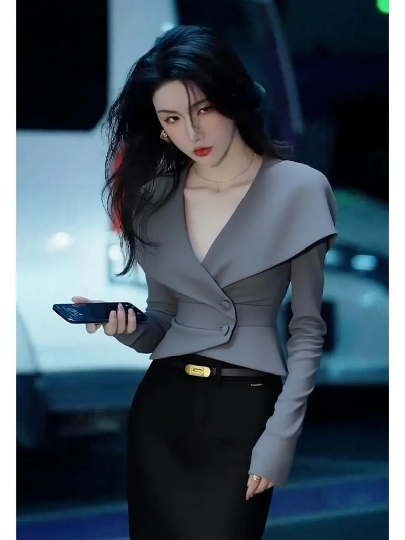 

New Korean Fashion Spring Autumn Women's Coat Elegant Design Slim Waist Deep V-neck Long Sleeve Solid Color Cape Top