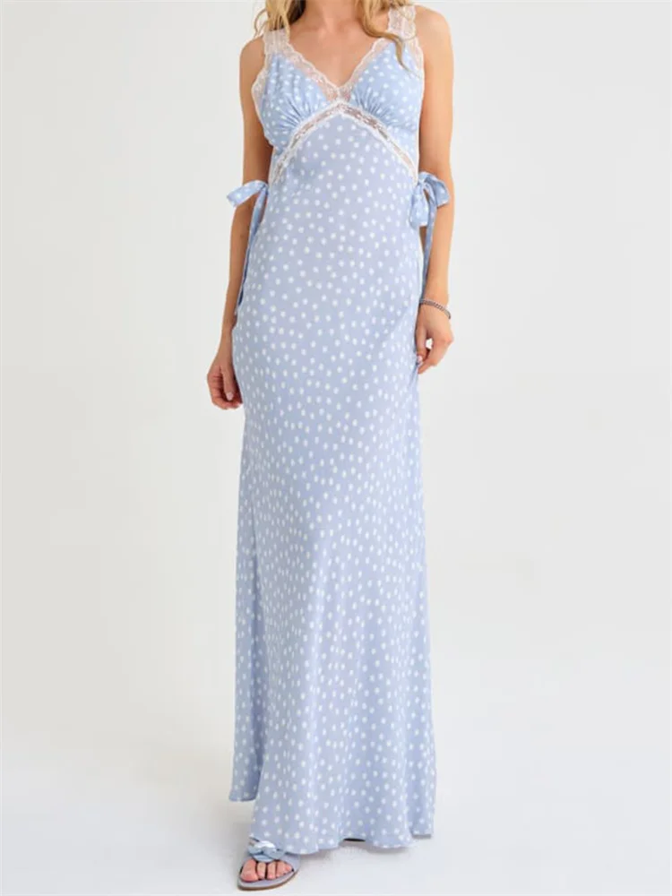 CHRONSTYLE Abito lungo maxi da donna in pizzo patchwork senza maniche con scollo a V e stampa a pois Abito da festa alla moda con allacciatura laterale Vestido femminile