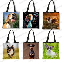 Cute Dog Beagle / Chihuahua Print Shoulder Bag Causal Fashion Totes Bags Women Reusable Canvas Shopper Bags Handbag Gift