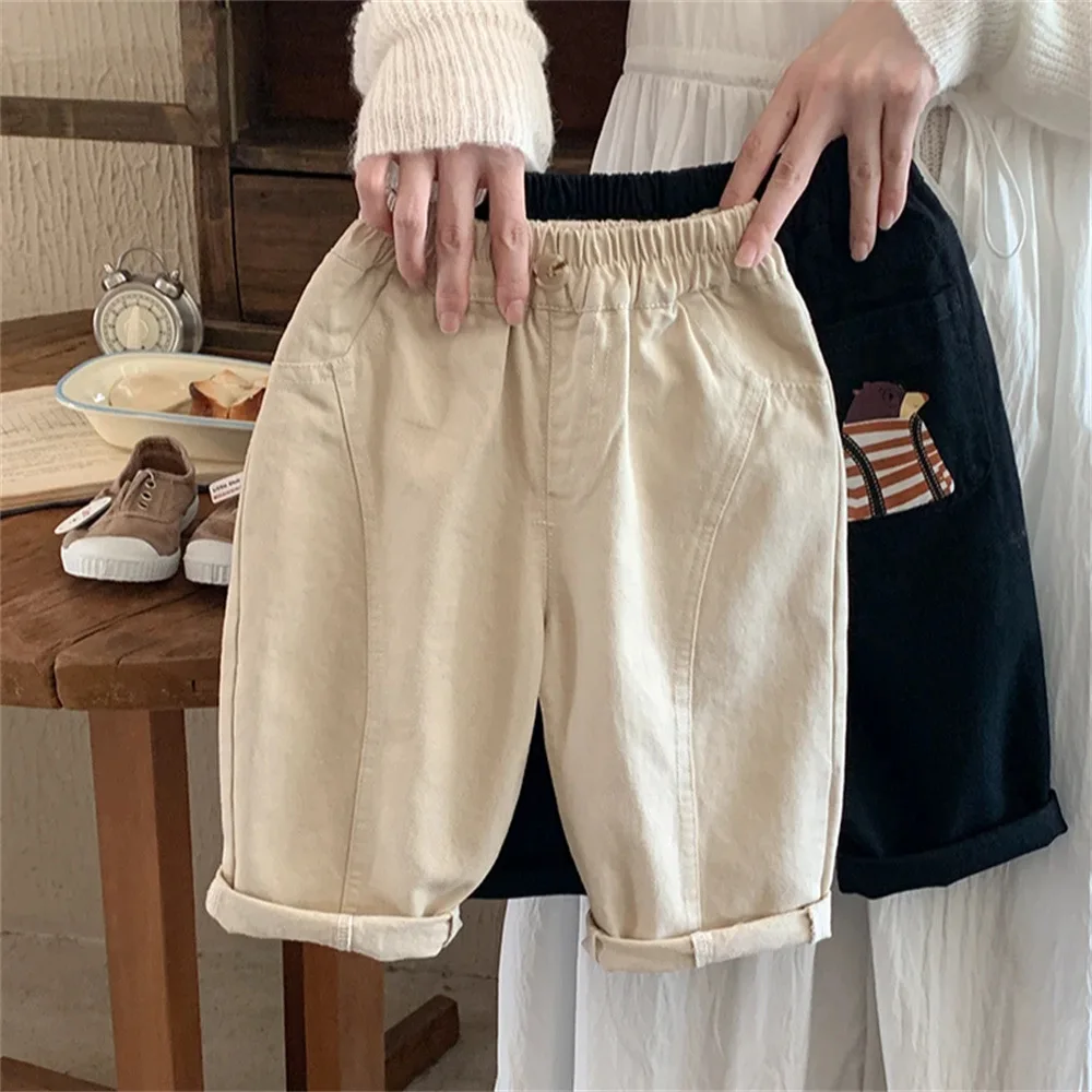 الخريف الفتيان البيج الأسود بانت لملابس الأطفال 2025 جديد طفل أطفال عادية الكرتون نمط بنطلون 1-8 سنة