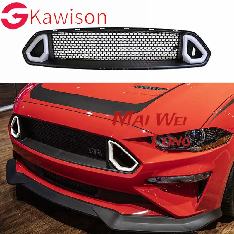 

Front Grill Grille For Ford Mustang 2018-2021 RTR Style Bar Black Replacement Car Bumper Vent Hood Mesh Cover W/ White LED Light