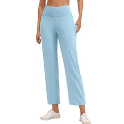 Dames Elastische Zachte Hoge Taille Afslankende Sportbroek Effen Kleur Casual Actieve Pasvorm Wijde Straght Broek Met Zakken