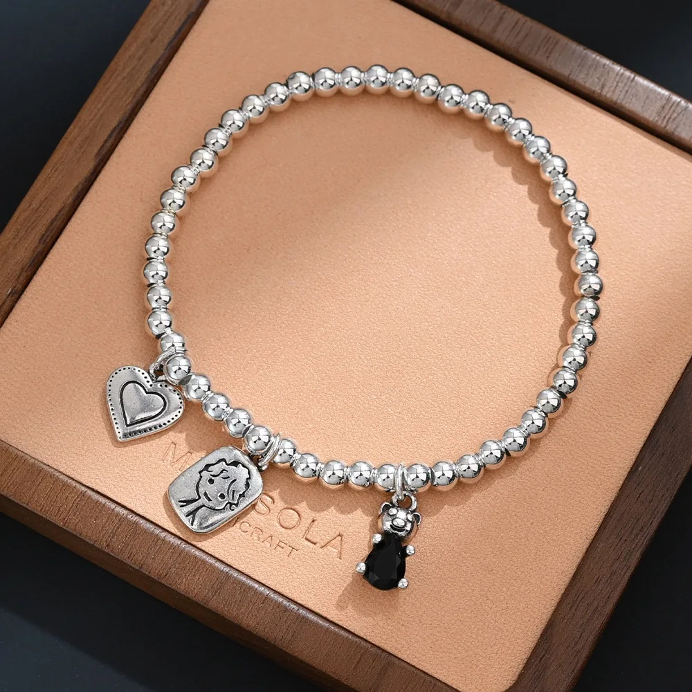 925 Sterling Silver Bracelets for Women Men String Accessories Retro Beads Heart Pendant Party Jewelry Gift