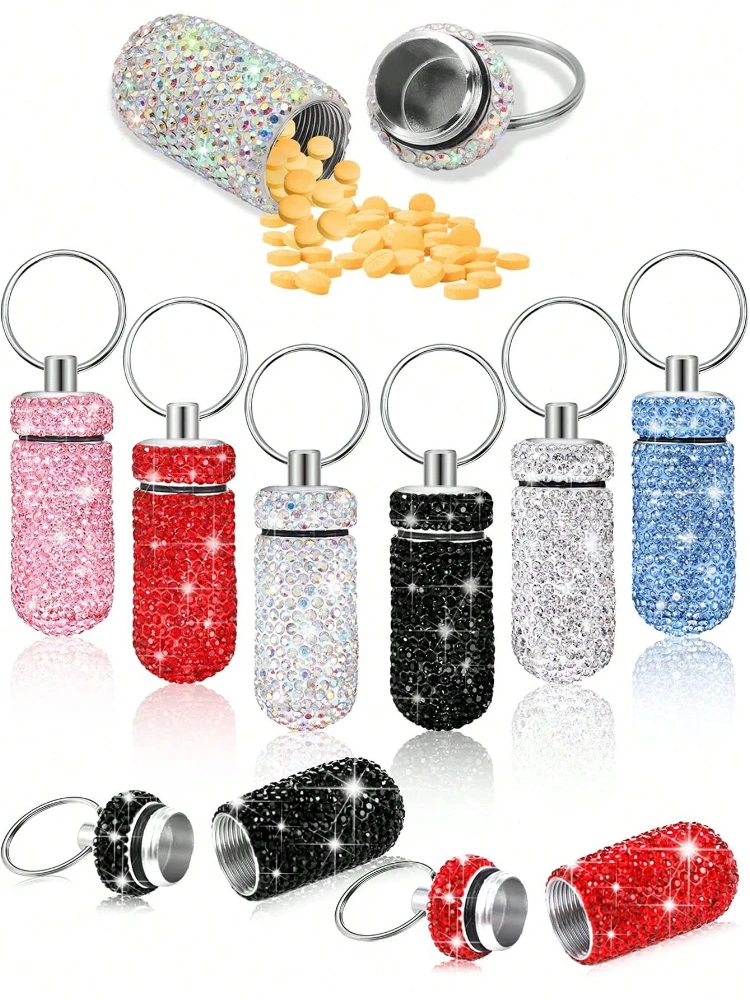 

Брелок-таблетница со стразами, водонепроницаемый контейнер для лекарств из алюминиевого сплава, портативный для путешествий, активного отдыха, рюкзака, ежедневного использования