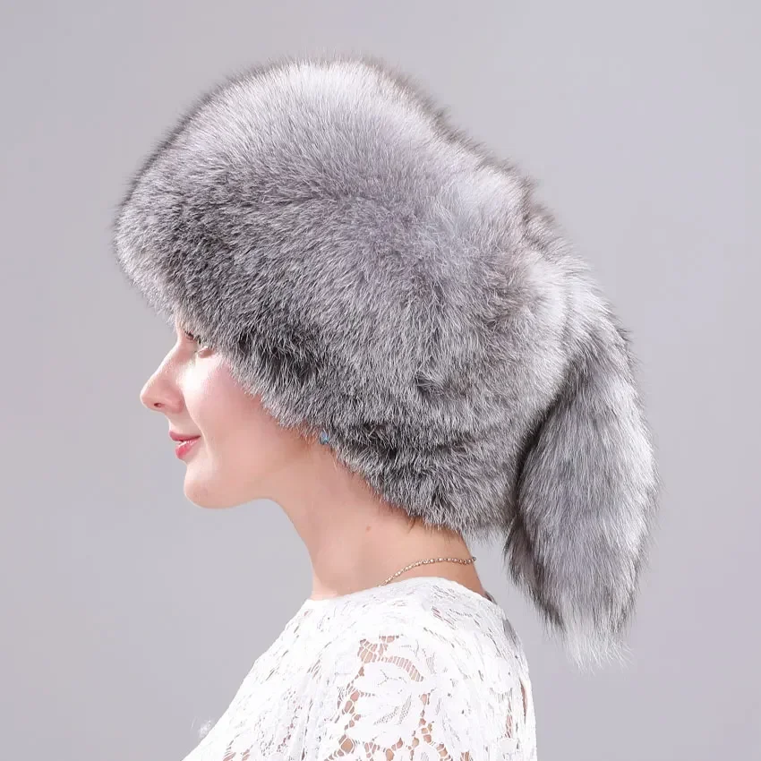 

Winter Fur Women Hat with Tail Real Fox Fur Hat Luxury Raccoon Fur Beanies Warm Ear Protect Unisex Bomber Hat Wholesale Bonnets