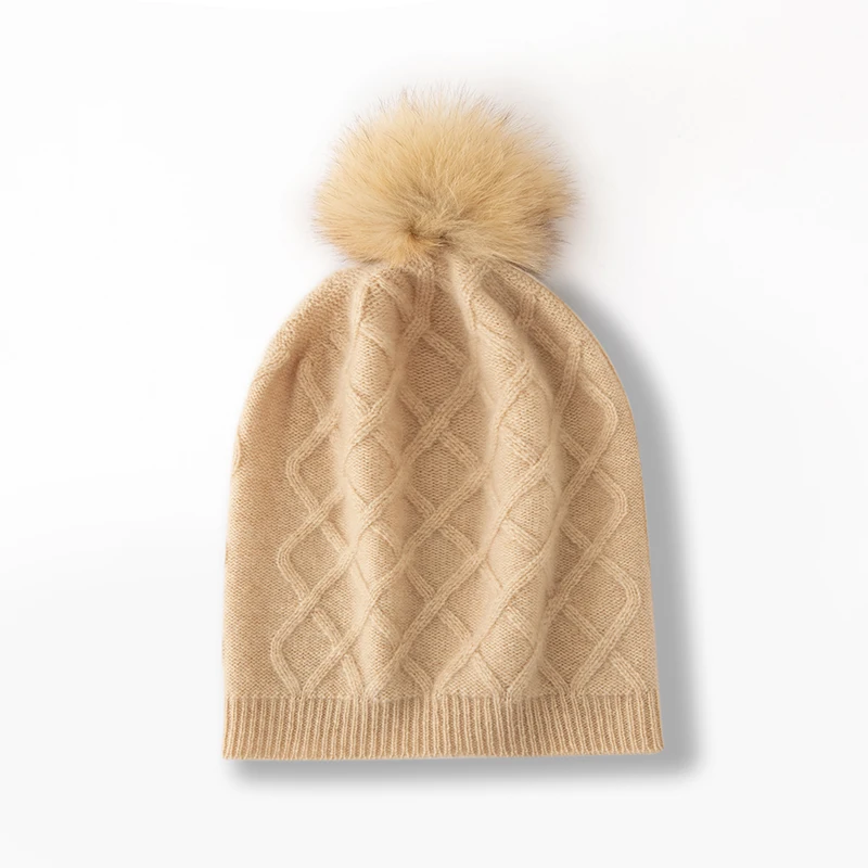 النساء 100% الكشمير الخالص قبعة صغيرة بوم بوم التفاصيل كابل متماسكة شتاء دافئ لينة مترهل Skullies قبعة الطقس البارد التبعي #4