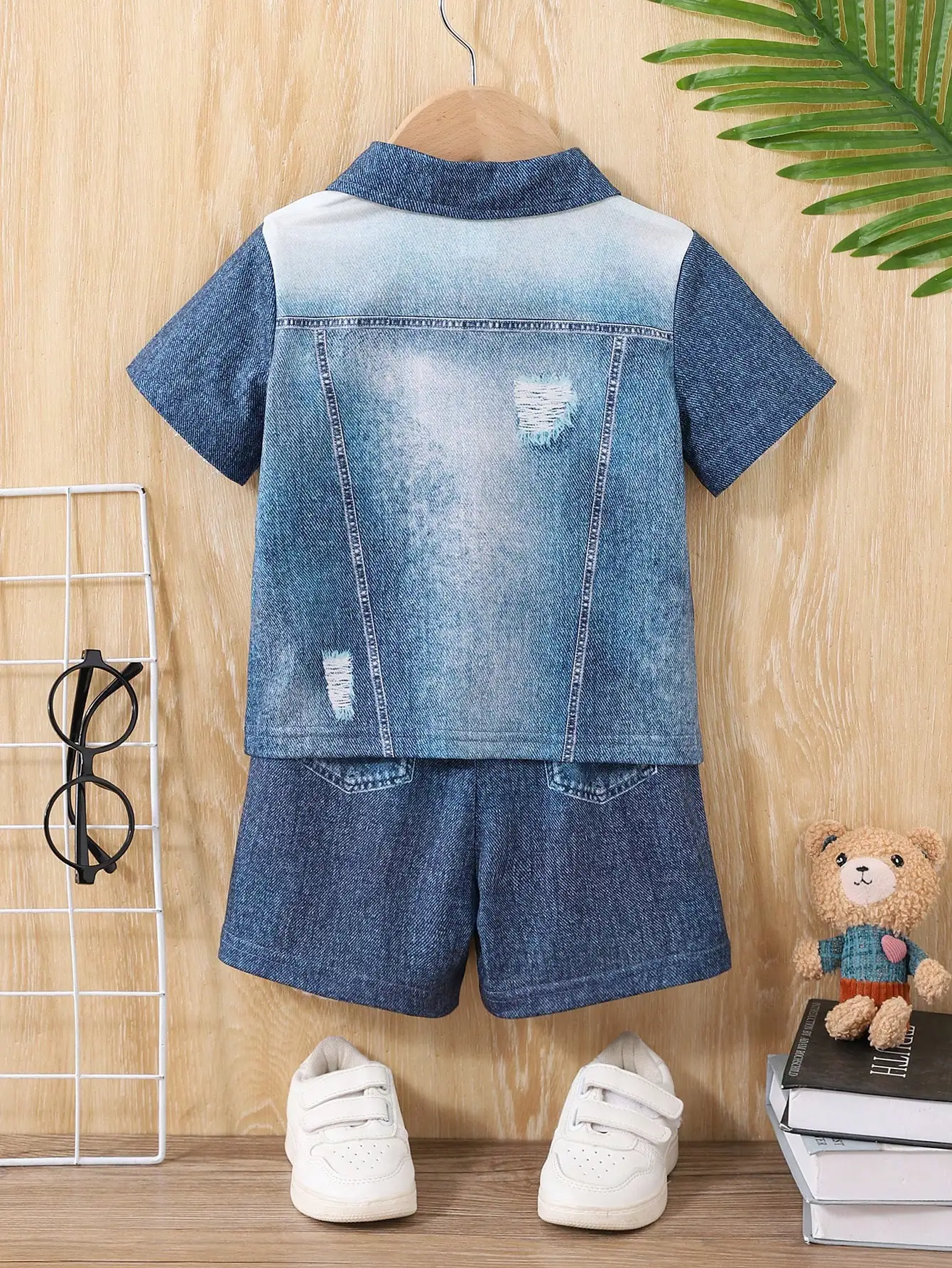 2025 New Imitation Cotton Fabric Denim Digital Print Lapel Short Sleeve Shorts Version Trend Retro For Boys Outdoor 2 Sets