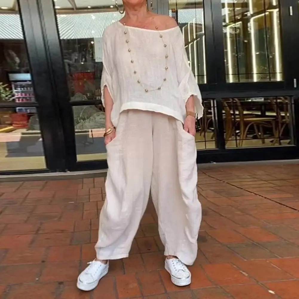 Loose Tracksuit Elegant Two-piece Blouse Pants Set for Women Stylish Round Neck Top with Wide Leg Trousers for Homewear