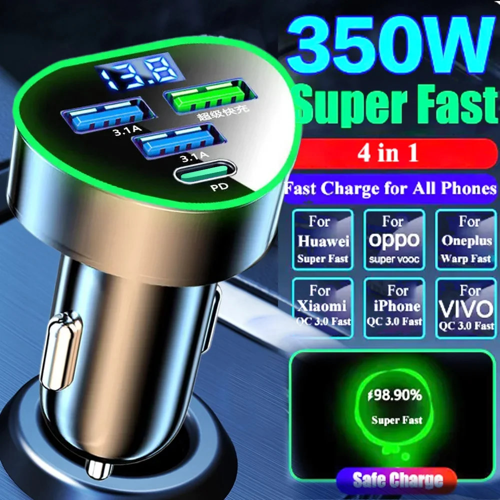 4 Ports Car Phone Charger with LED Voltage Monitor Digital Display 350W USB Type-C QC3.0 Fast Charging Heart Shaped Car Charger