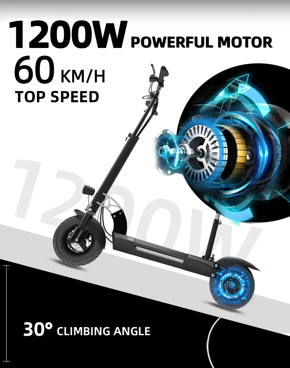 Electric Scooter with Seat 1200W Rear Motor Drive 624Wh Battery 60km Range 60km/h Top Speed Foldable Electric Scooter for Adults