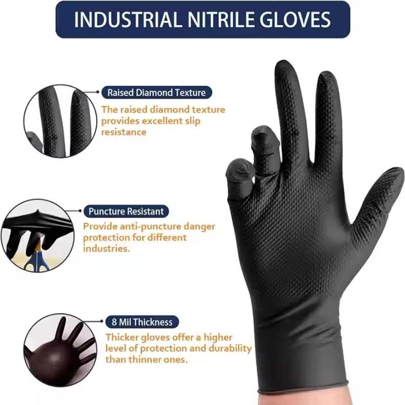 10-50PCS Black Nitrile Gloves Disposable 8Mil Thick Heavy Duty Industrial Safety Gloves Diamond Textured Mechanics Work Gloves