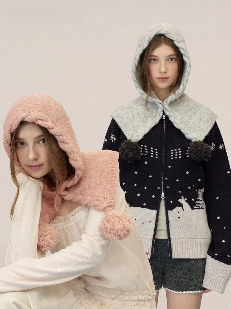 

Romantic Moonmoi Handmade Knitted Hat Scarf Set Women's Integrated Hooded Scarf Warm Furry Ball Knitwear Spring Season