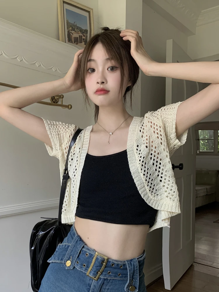 

Summer knitted short-sleeved t-shirt hollowed out crochet sunscreen cardigan female thin small jacket shirt top shirt outwear