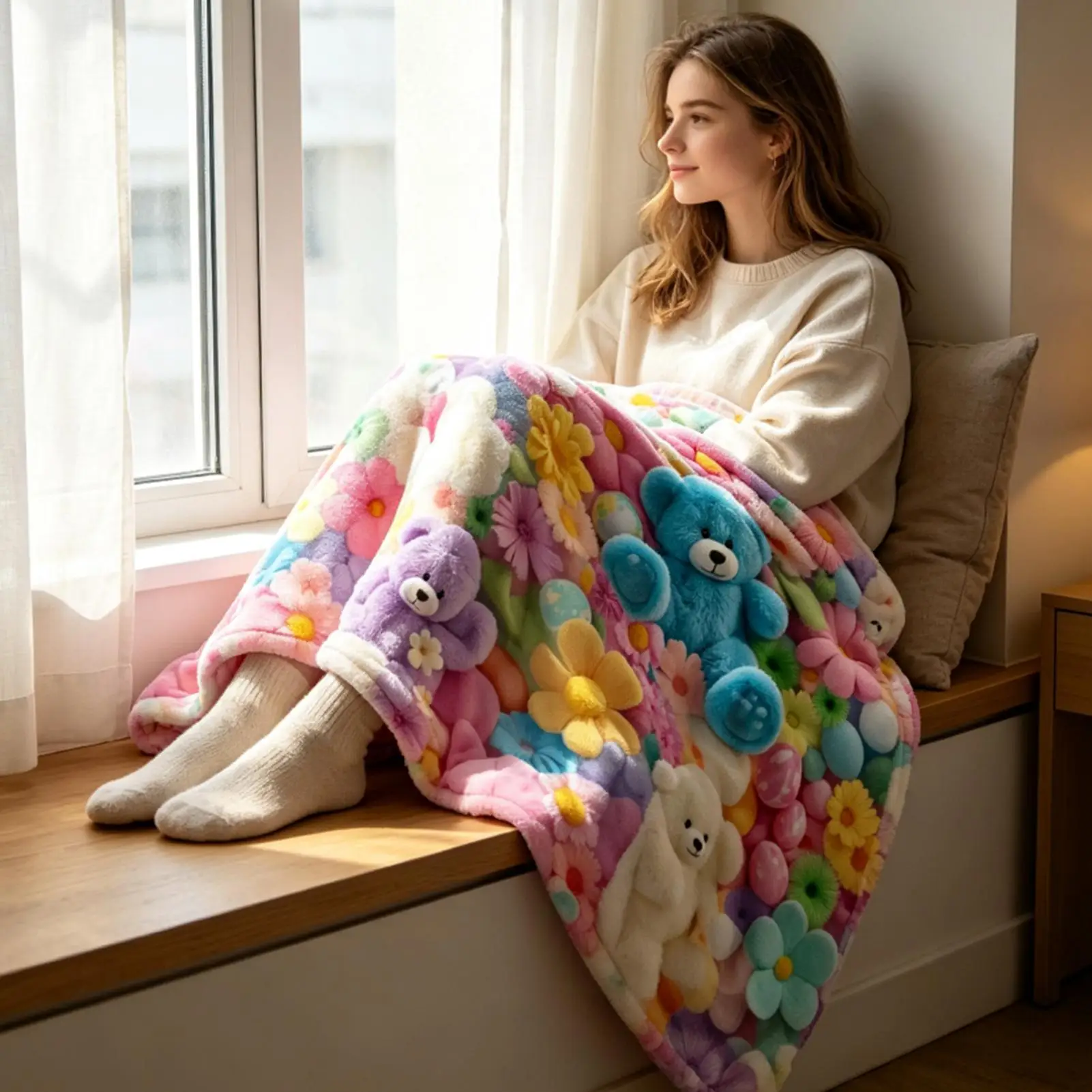 3D Fluffy Teddy Bear Floral Egg Pastel Print Flannel Blanket Soft And Comfortable All-Season Blanket Suitable Travel Blankets
