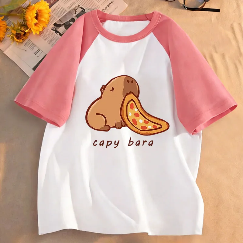 Trendiges Cartoon-Capybara-T-Shirt mit Essensmotiv für Kinder, Jungen und Mädchen, Sommer-Frühlings-Freizeitoberteil