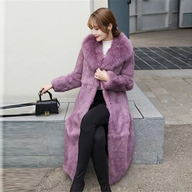 Qing Fox Fur Collar Rabbit Fur Long Coat Simple Commuting 2025 Fur One Body Slimming and Slimming Women's Large Size view 4