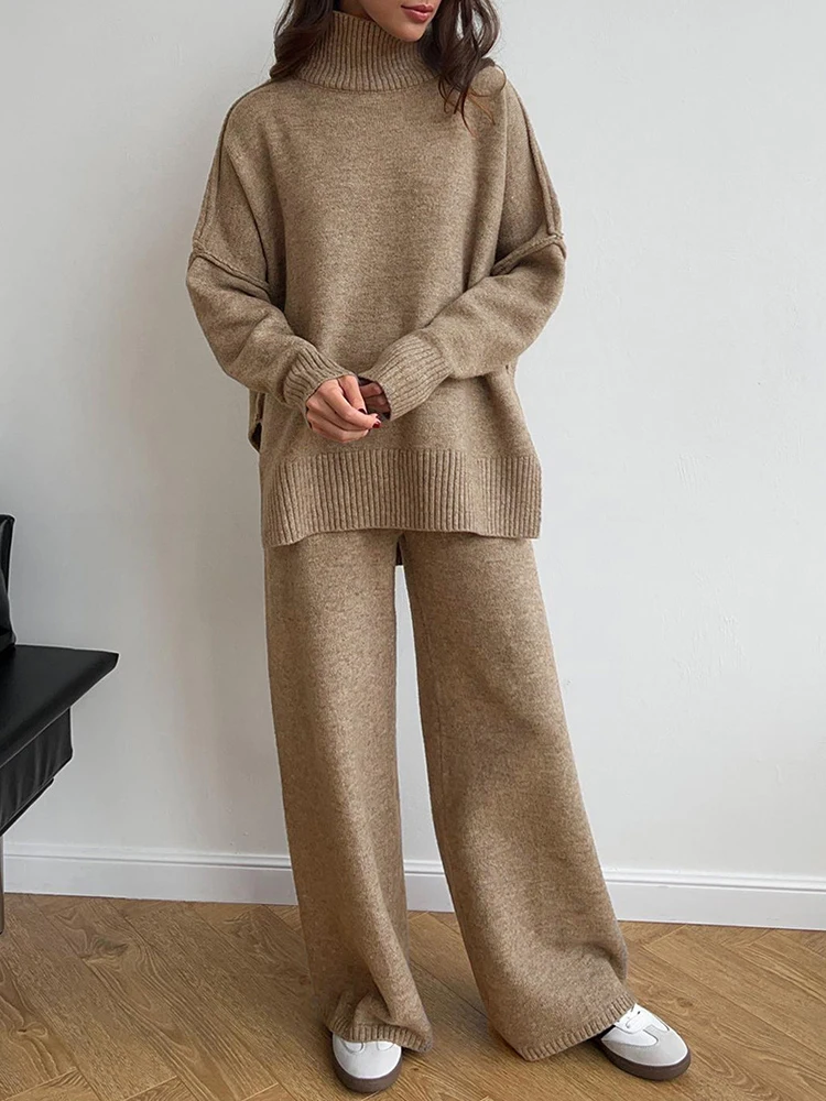 LANMREM High Neck Sweater Set Women Loose Casual Style Thick Knitted Long Sleeves Pullover Wide Leg Pants Autumn Winter 2DA9351