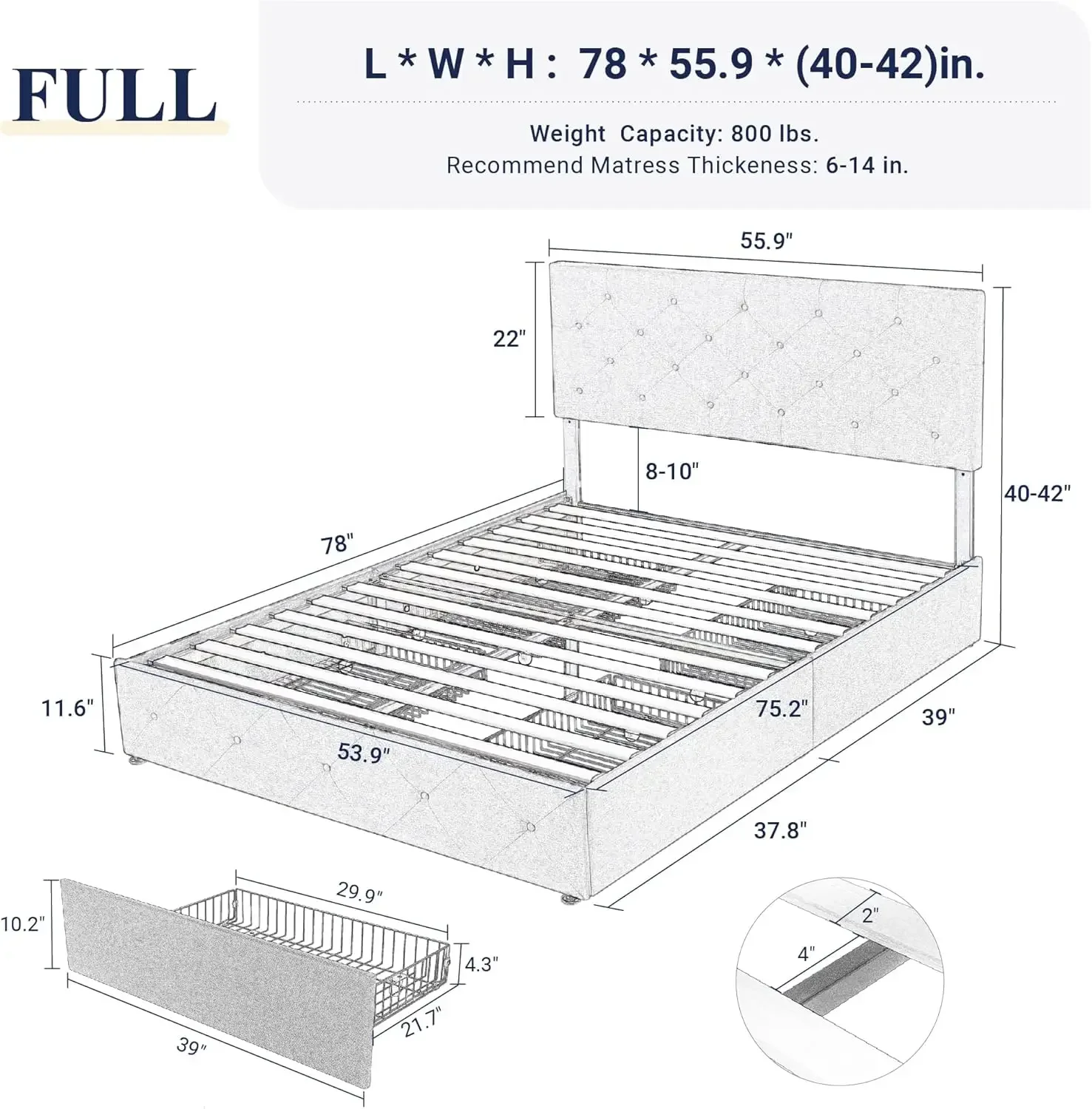 Upholstered Full Size Platform Bed Frame with 4 Storage Drawers and Headboard, Diamond Stitched Button Tufted, Mattress Foundati