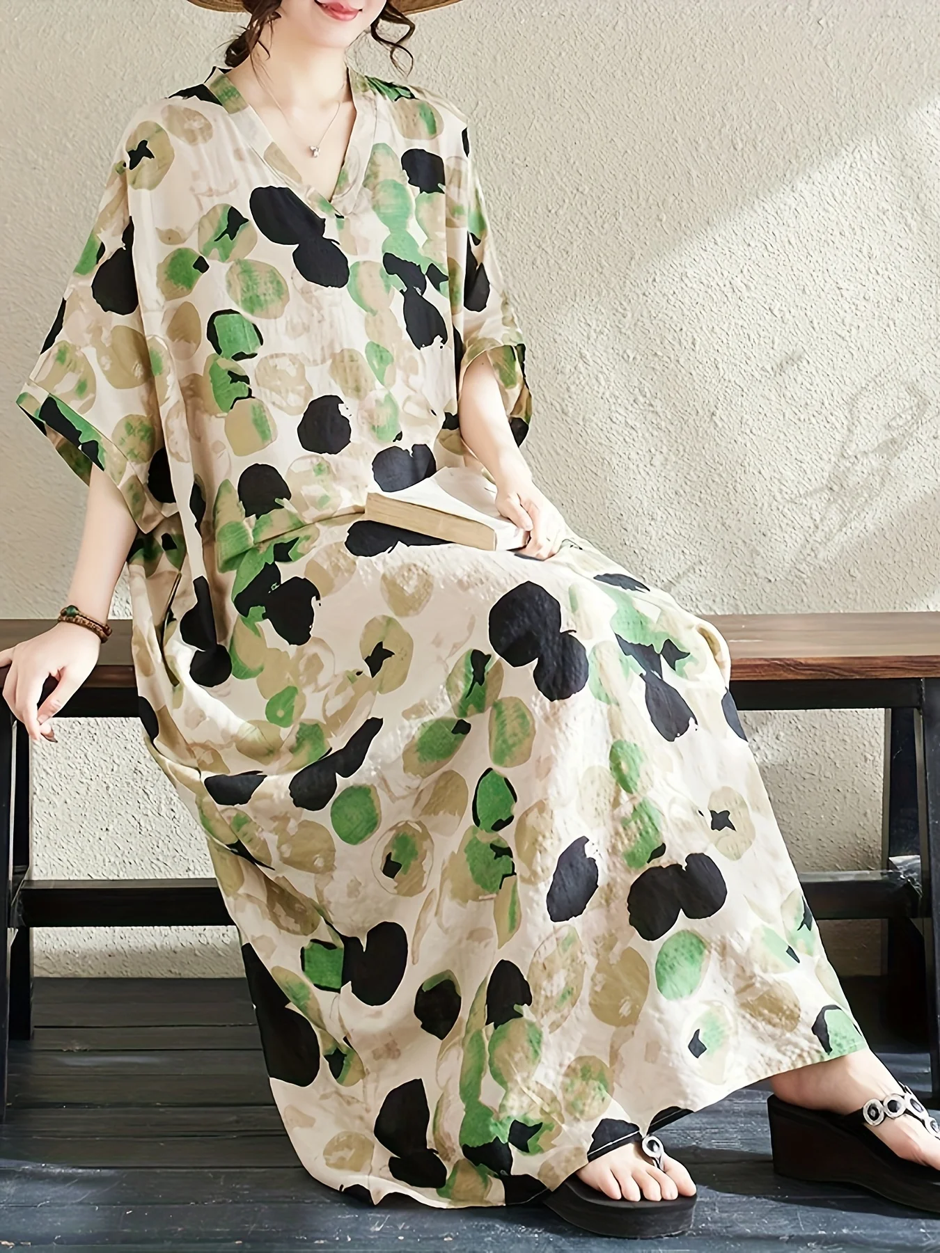 

Spring and Summer New Art Retro Flower Holiday Style Travel V-neck Mid length Dress Women's Dress