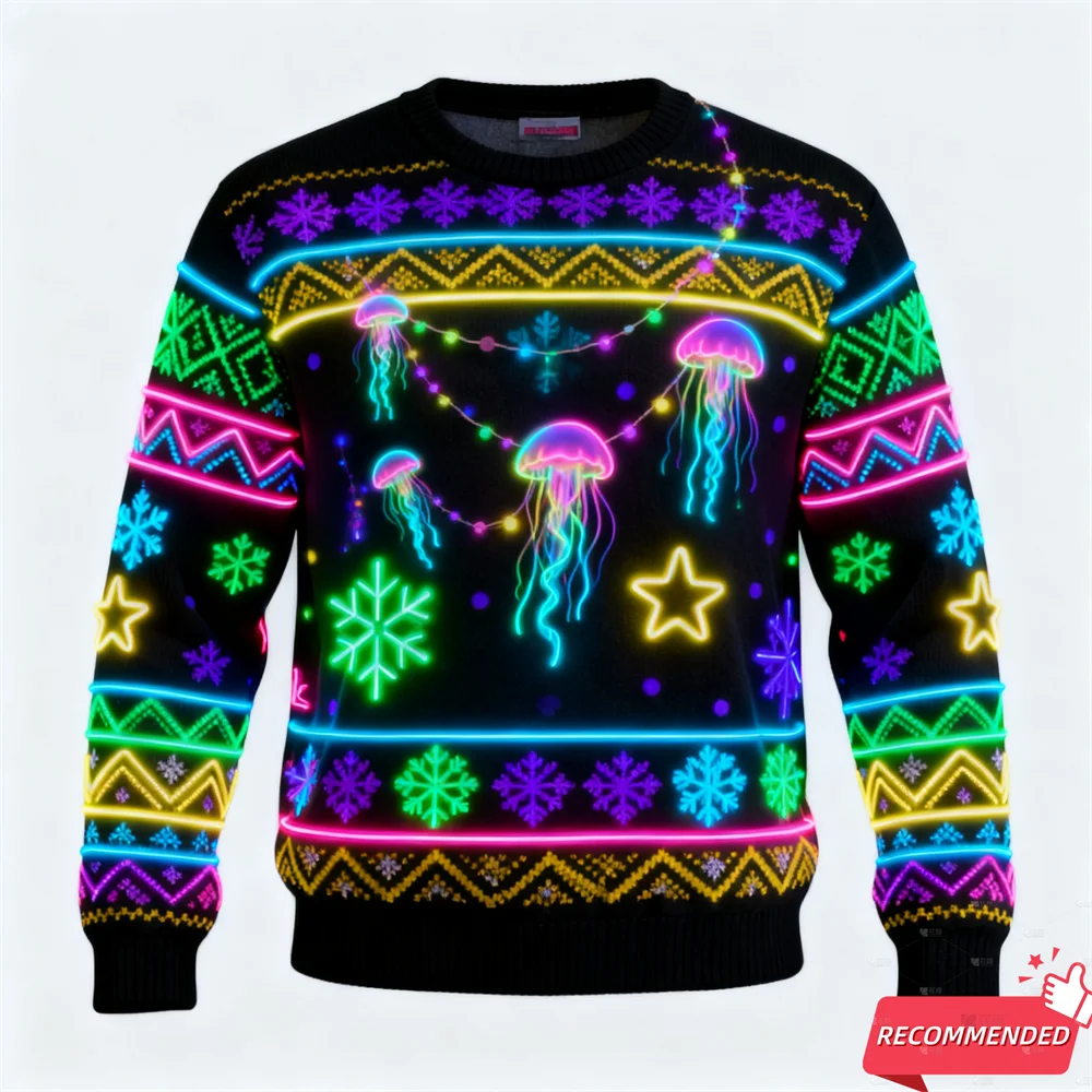 Sweater Natal Lucu 3D Print Motif Tupai Natal, Baju Natal Unisex Model Pullover Tracksuit, Desain Santa Yesus Neon Palsu 2025