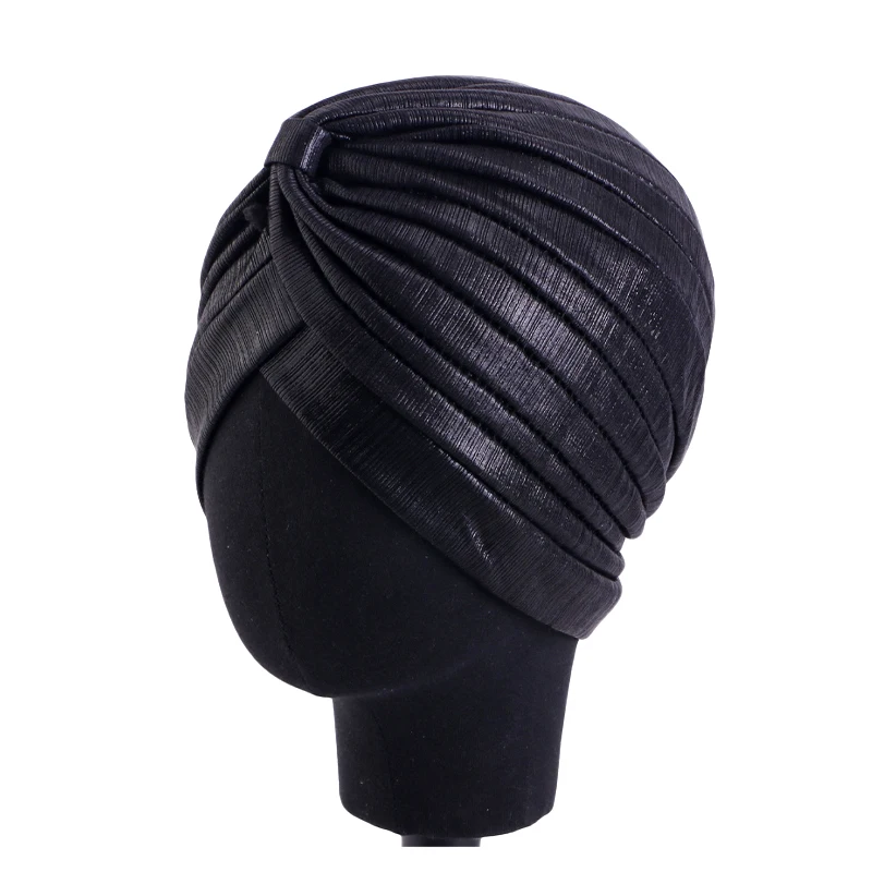 New Women Metallic Turban Head Wrap Hat Gold Silver Muslim Inner Hijabs Pleated Indian Cap Beanie Hat Ladies Hair Loss Headscarf