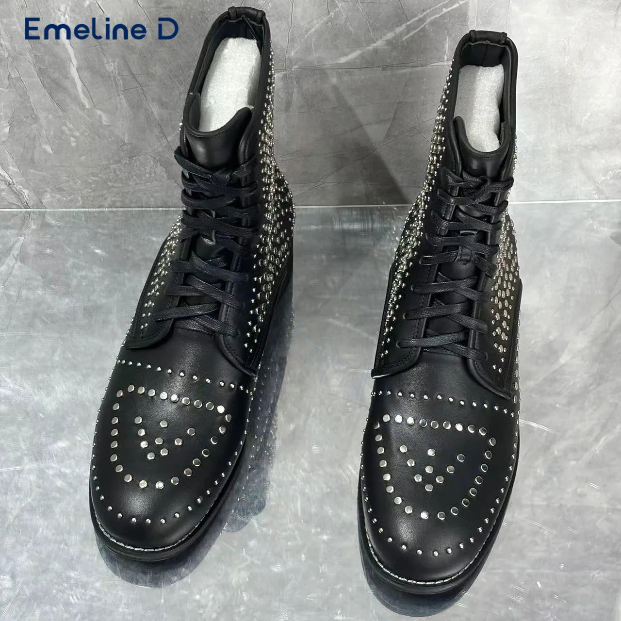 Studded Lace-Up Black Boots High Quality Pull-On Casual Calf Boots Thick Heel Fashionable Large Size Personality Men's Boots