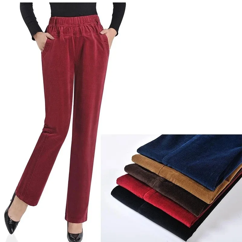 

Mom Famale Vintage Solid Pants Basic Women Trousers Plus Size L-5XL Corduroy Straight Bottoms Ladies Casual Elastic Waistline