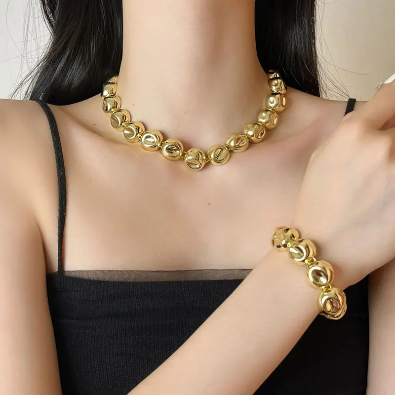 Exaggerated Gold Sag Hemisphere Necklace Bracelet Women's 2024 New Minimalist High Sense Choker Women's Jewelry Accessories