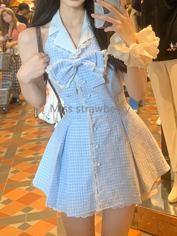 فرنسا أنيقة منقوشة فستان نحيل المرأة الصيف الحلو الخامس الرقبة أكمام الأزرق فساتين رقيقة تصميم موضة القوس كشكش ملابس جديدة