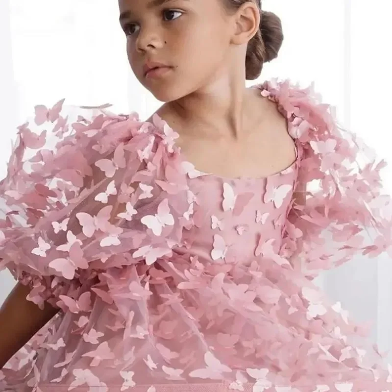 Fashion Baby Girl Dress Butterfly Puff Sleeve Child Tulle Princess Dress For Vestido Pageant Party Birthday  A3743