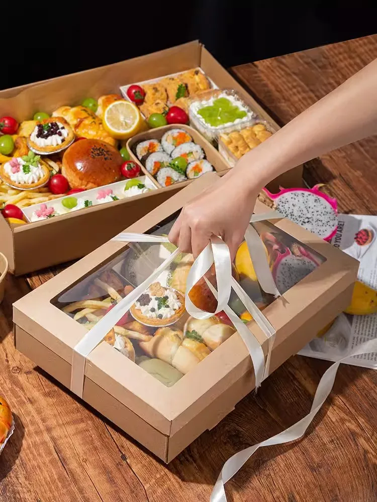 Picknick Kraft Papier Lunchbox Clear Windows Dessert Fruit Verpakking Voedsel Container Voor Thuis Keuken Restaurant Afhaalfeest Evenement