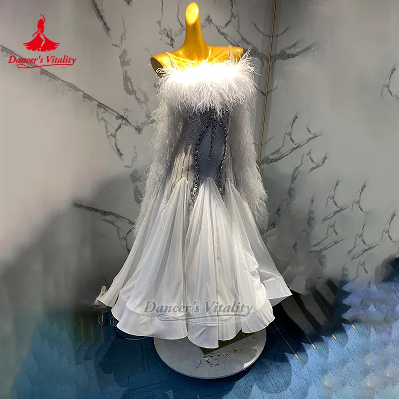 Adult Modern Dance Luxurious AB Stones Dresses Advanced Customized Women Waltz Feather Style Ballroom Outfit Dancer's Vitality