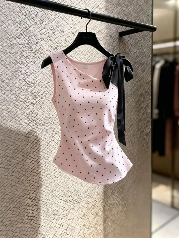 Tops Women Polka Dot Printed Diagonal Collar Bandage Slim Vintage