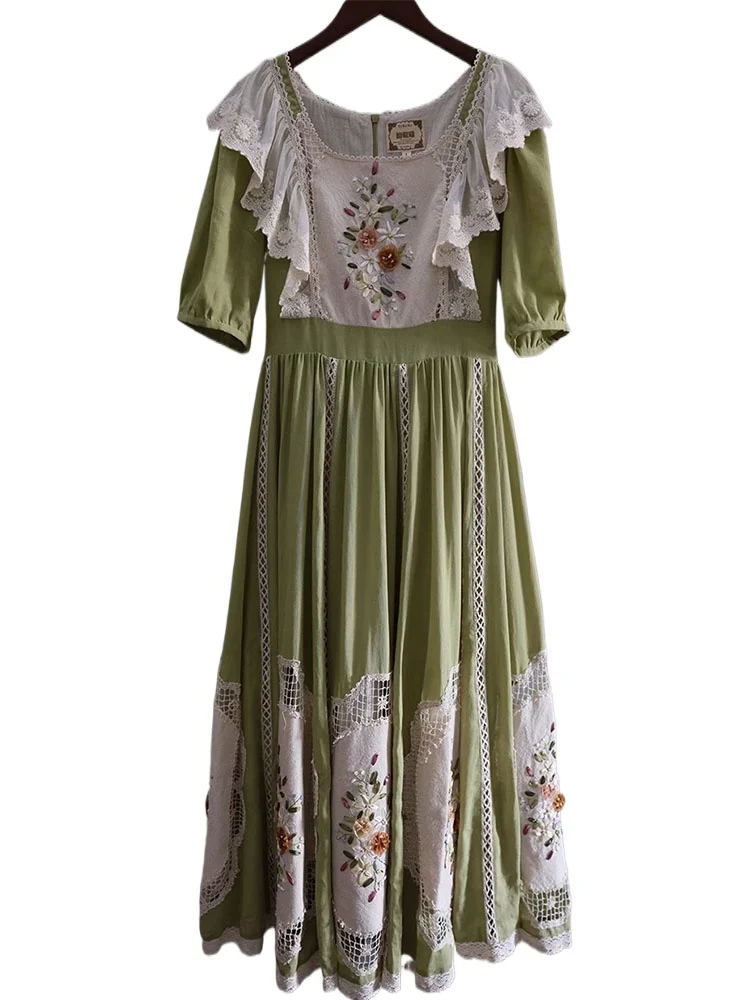 86-94cm Bust Spring Summer Long Dress Women Vintage Elegant Slim Exquisite Handmade Embroidered Hollow Out Cotton Green Dresses