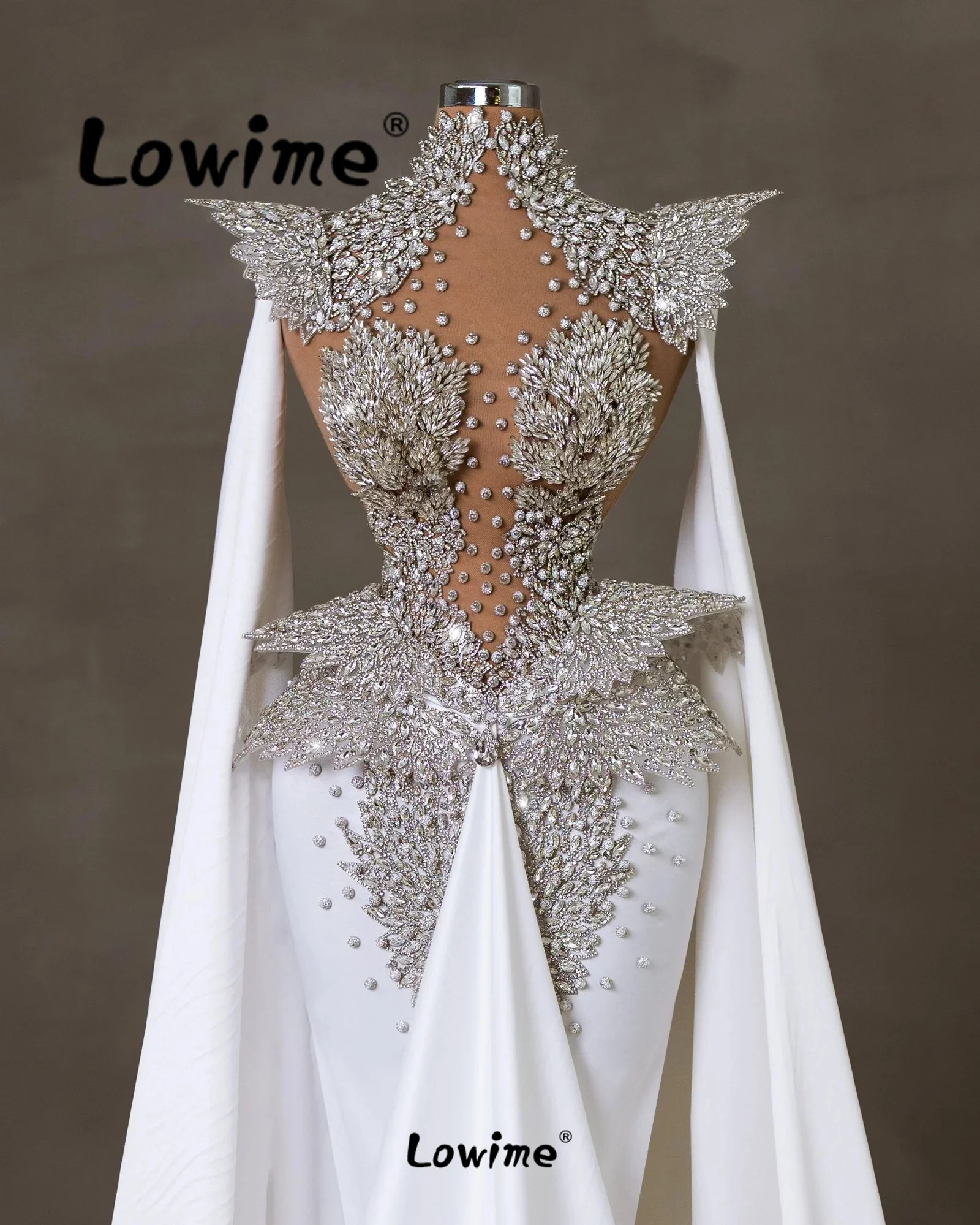 Robe De Soiree Luxury Prom Dresses 2024 Heavy Crystal White Evening Gowns Arabic Aso Ebi Mermaid Wedding Party Dress Cape Sleeve