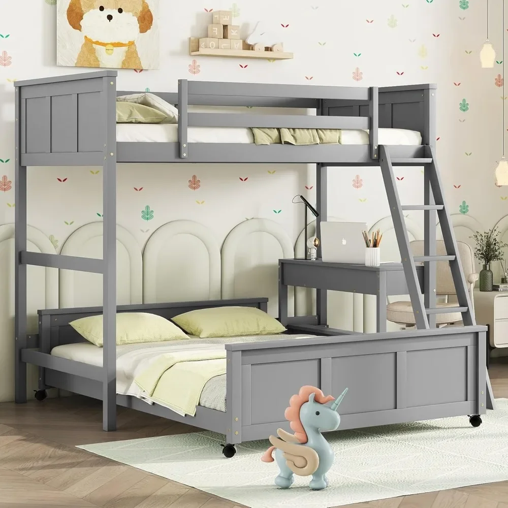 

Twin Size Loft Bed with Removable Full Platform Bed Frame, Bunk Beds with Ladder, Twin Over Full Bunk Beds with Desk and Drawers