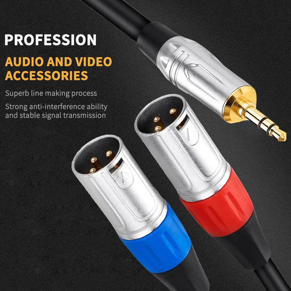 Bochara Gold Plated 3.5mm Stereo Jack TRS  to Dual XLR Male OFC Aux Audio Cable Foil+Braided Shielded For Speakers 1m 2m 3m