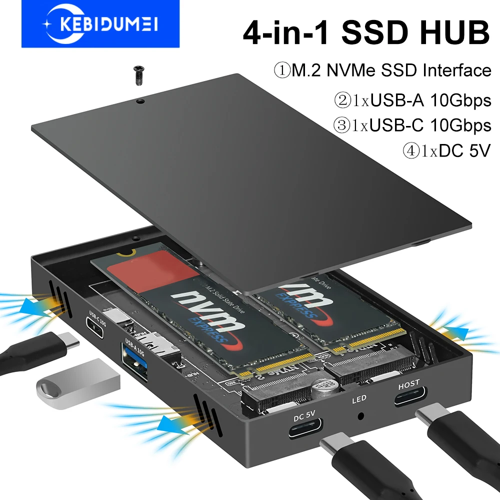 

Док-станция 4-в-1 USB C с двумя отсеками M.2 NVMe Корпус SSD-концентраторы USB A/C 3.2 Gen2 10 Гбит/с Внешний концентратор USB C для ноутбука ПК