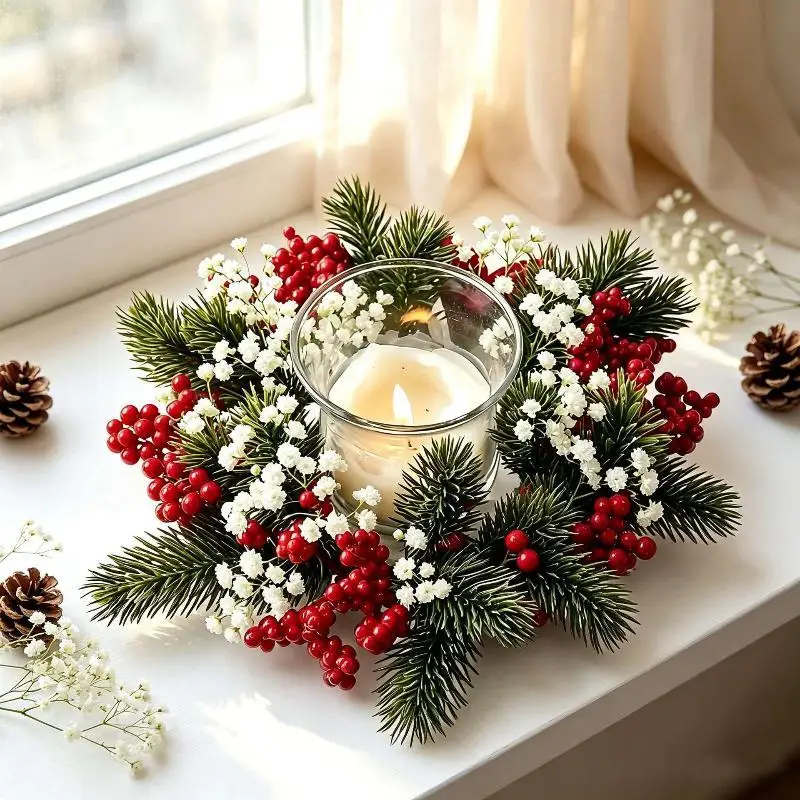 Christmas Candle Holder Wreath Faux Pine Branch Red Berry Garland for Front Door Dining Room Xmas Decor