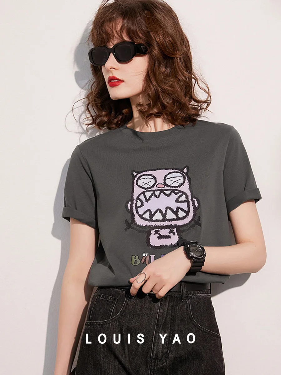 

LOUIS YAO Women's T-shirt 2025 Summer Round Neck Short Sleeve 100% Cotton Cute Printed Pattern Casual Pullover Tee Women's Top