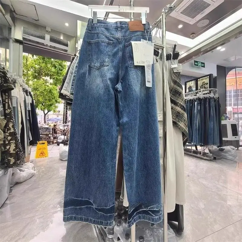 Women Loose Harajuku Retro Wide Leg Trousers Korean Style Fashion Vintage Washed Denim Pants High Waist Irregular Punk Jeans